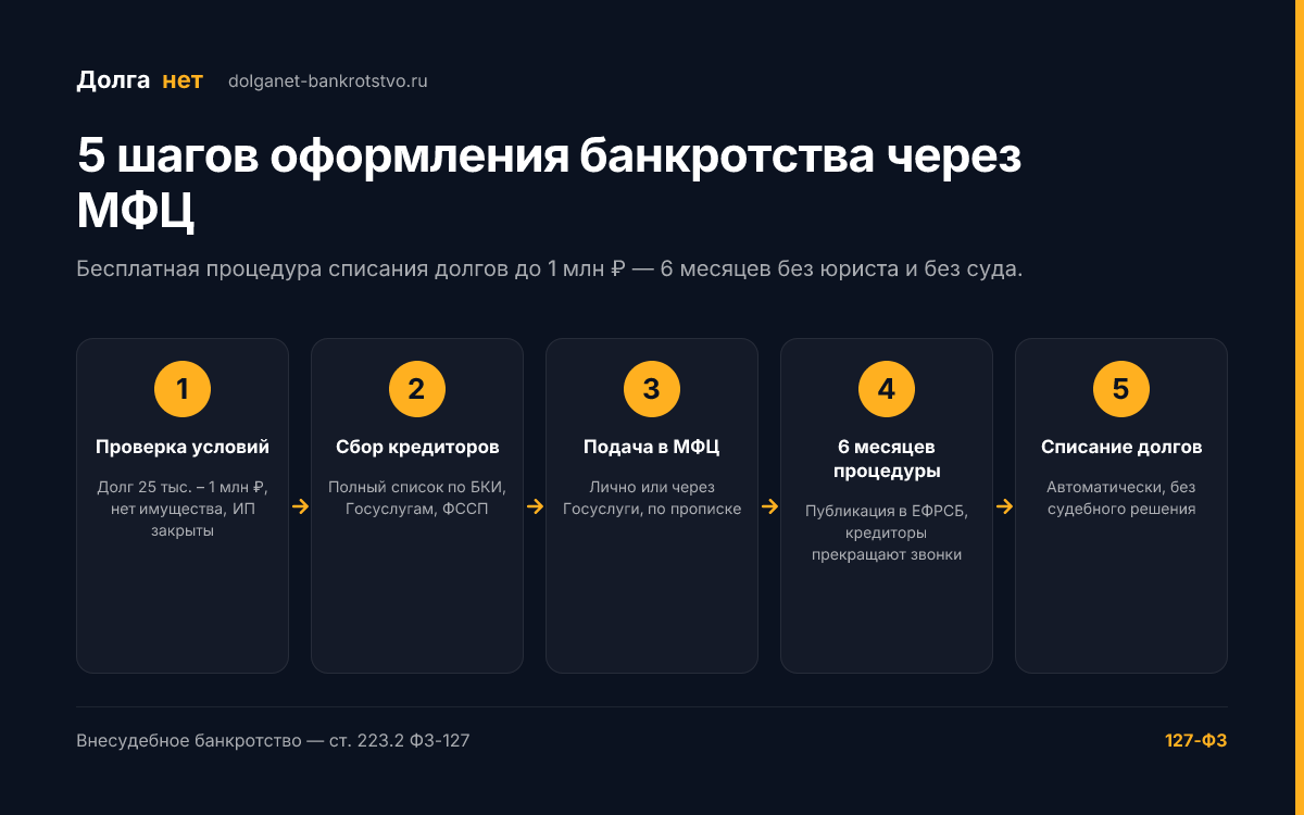 Инфографика: 5 укрупнённых шагов оформления банкротства через МФЦ — от проверки условий до списания долгов